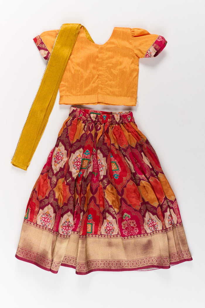 The Nesavu Girls Lehenga Choli Vibrant Mustard and Red Silk Lehenga Choli for Girls with Embroidered Dupatta Nesavu Nesavu Mustard Red Silk Lehenga Choli Girls Embroidered Dupatta