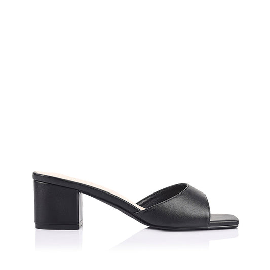 Black block heel mule with a square toe shape