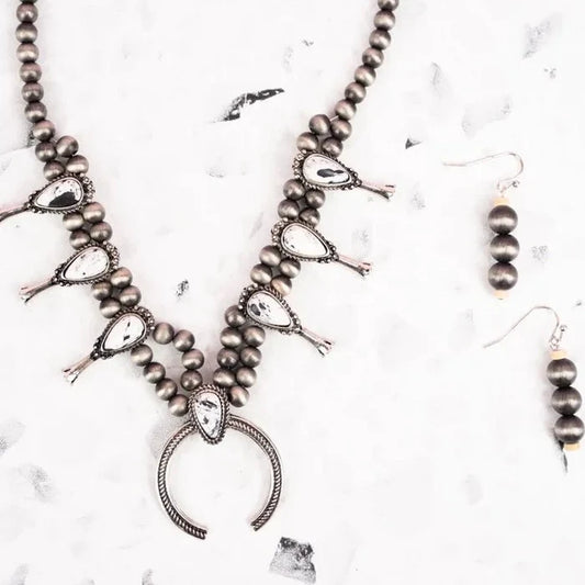 Western Navajo Pearls with Black & White Marbled Squash Blossoms Necklace and Earring Set