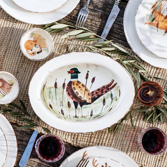 Wildlife Pheasant Small Rimmed Oval Bowl-Vietri