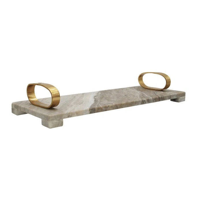 Worlds Way-Beige Marble Tray with Brass Oval Shaped Handle