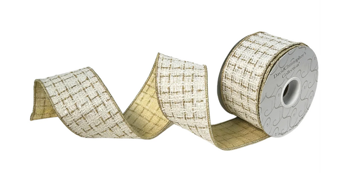 Woven White Gold Plaid Ribbon 2.5”X10YD