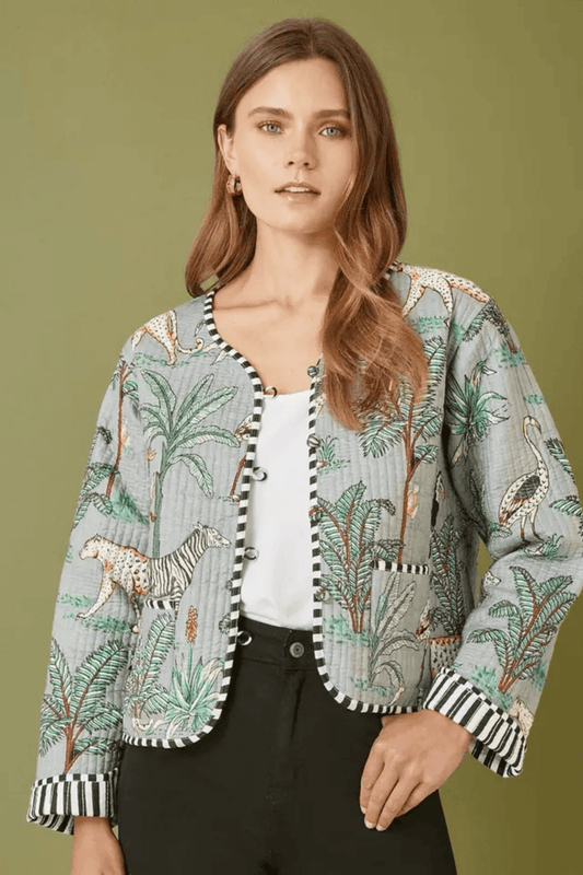 Yumi Grey Animal Print Reversible Cotton Cropped Quilted Jacket
